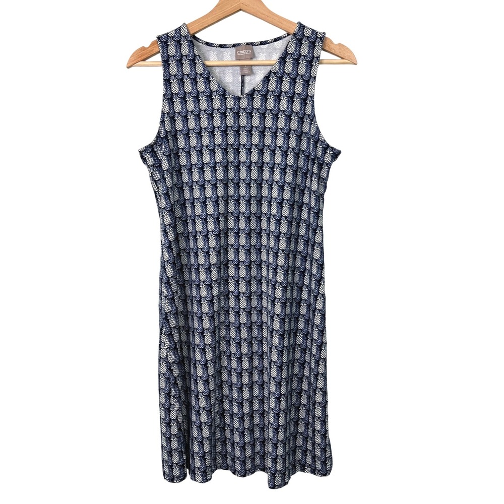 Chico's Navy Blue Pineapple Print V-Neck Sleeveless Shift Dress Size 1 (Medium)‎